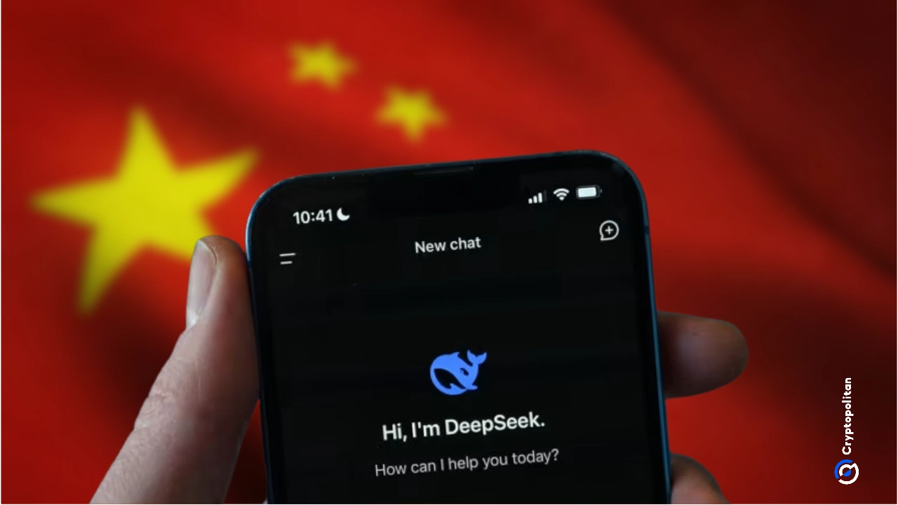 DeepSeek AI assistant on smartphone with Chinese flag background